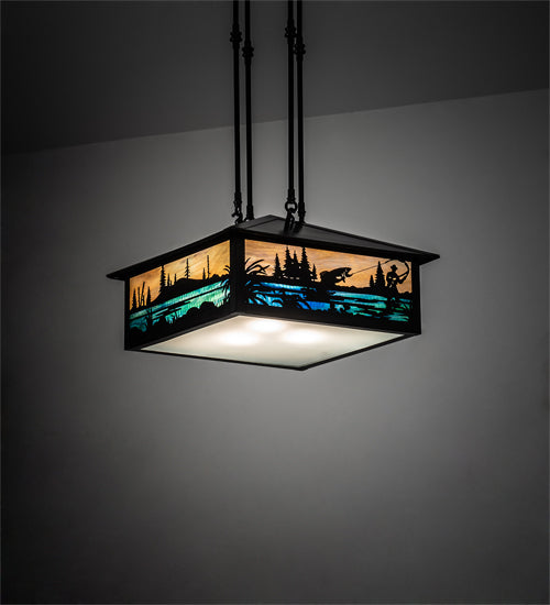 Meyda Lighting Fly Fishing Creek 17"Sq 3-Light Black Patina Pendant Light With Multi-Colored Shade Glass