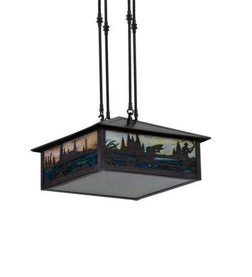 Meyda Lighting Fly Fishing Creek 17"Sq 3-Light Black Patina Pendant Light With Multi-Colored Shade Glass