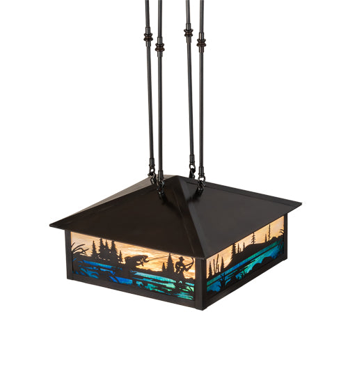 Meyda Lighting Fly Fishing Creek 17"Sq 3-Light Black Patina Pendant Light With Multi-Colored Shade Glass