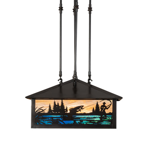 Meyda Lighting Fly Fishing Creek 17"Sq 3-Light Black Patina Pendant Light With Multi-Colored Shade Glass