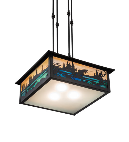 Meyda Lighting Fly Fishing Creek 17"Sq 3-Light Black Patina Pendant Light With Multi-Colored Shade Glass