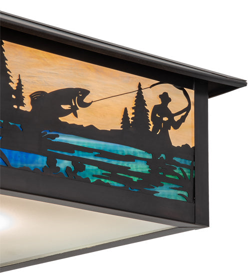 Meyda Lighting Fly Fishing Creek 17"Sq 3-Light Black Patina Pendant Light With Multi-Colored Shade Glass