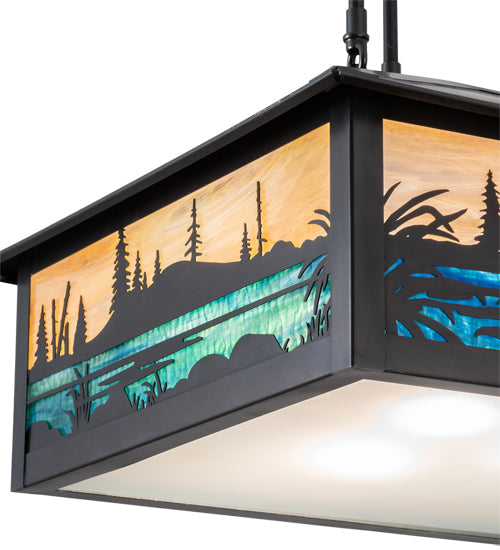 Meyda Lighting Fly Fishing Creek 17"Sq 3-Light Black Patina Pendant Light With Multi-Colored Shade Glass