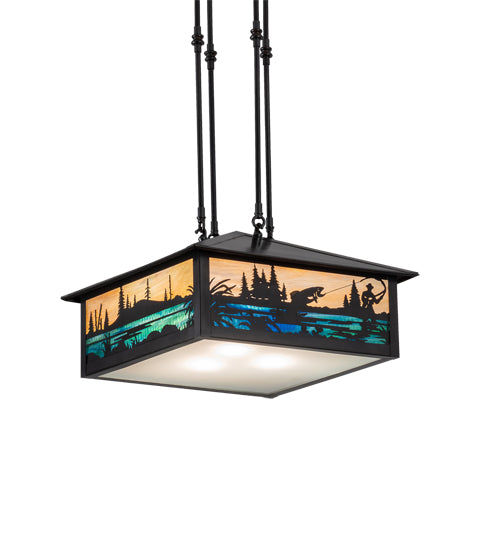 Meyda Lighting Fly Fishing Creek 17"Sq 3-Light Black Patina Pendant Light With Multi-Colored Shade Glass