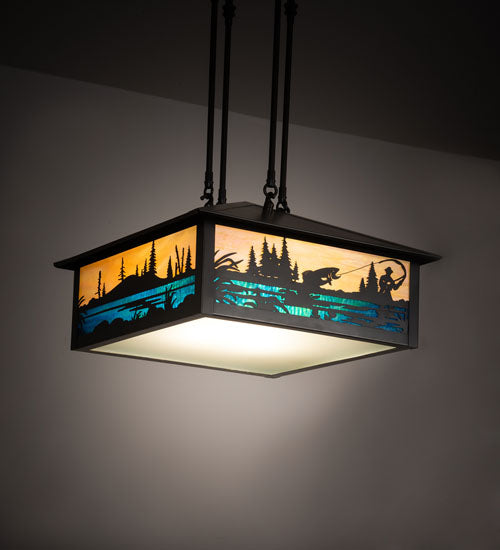 Meyda Lighting Fly Fishing Creek 18" 3-Light Craftsman Brown Pendant Light With Multi-Colored Shade Glass