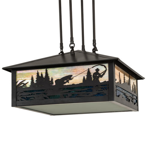 Meyda Lighting Fly Fishing Creek 18" 3-Light Craftsman Brown Pendant Light With Multi-Colored Shade Glass