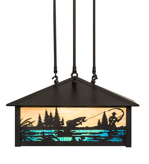 Meyda Lighting Fly Fishing Creek 18" 3-Light Craftsman Brown Pendant Light With Multi-Colored Shade Glass