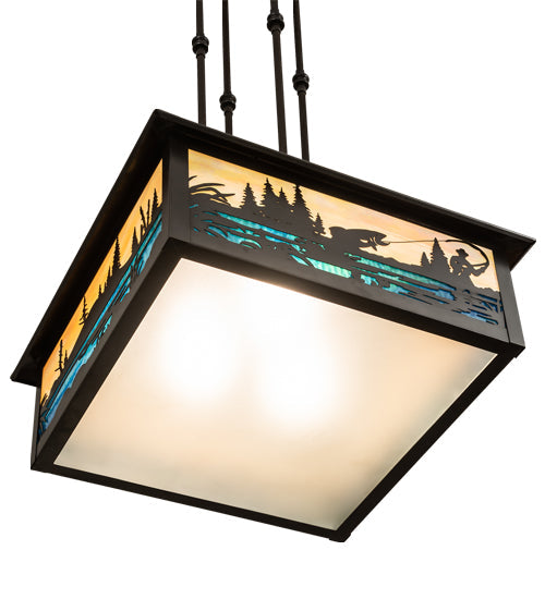 Meyda Lighting Fly Fishing Creek 18" 3-Light Craftsman Brown Pendant Light With Multi-Colored Shade Glass