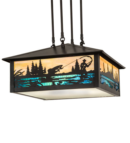 Meyda Lighting Fly Fishing Creek 18" 3-Light Craftsman Brown Pendant Light With Multi-Colored Shade Glass