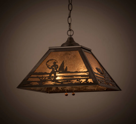 Meyda Lighting Fly Fishing Creek 22" 2-Light Industrial Steel Pendant Light With Silver Mica Shade Glass