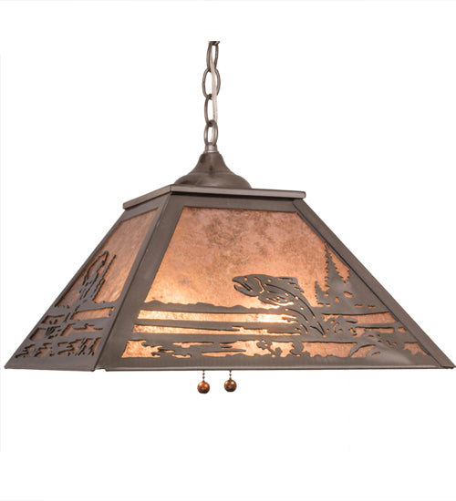 Meyda Lighting Fly Fishing Creek 22" 2-Light Industrial Steel Pendant Light With Silver Mica Shade Glass