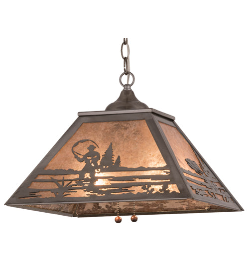 Meyda Lighting Fly Fishing Creek 22" 2-Light Industrial Steel Pendant Light With Silver Mica Shade Glass