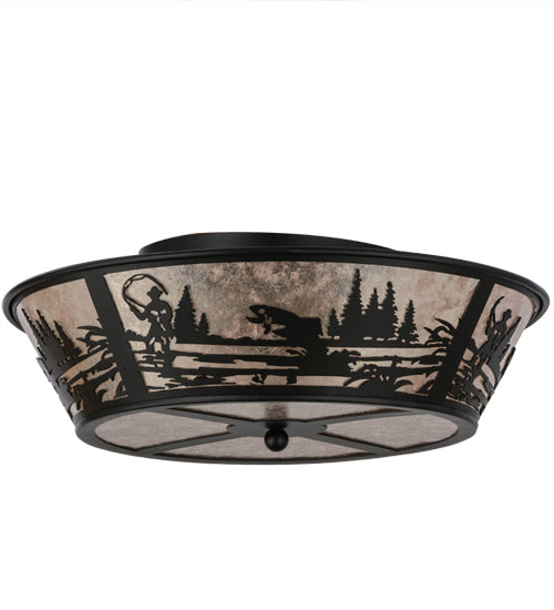 Meyda Lighting Fly Fishing Creek 22" 4-Light Textured Black Flush Mount Light With Silver Mica Shade Glass