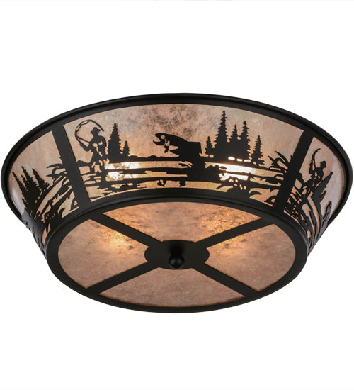 Meyda Lighting Fly Fishing Creek 22" 4-Light Textured Black Flush Mount Light With Silver Mica Shade Glass