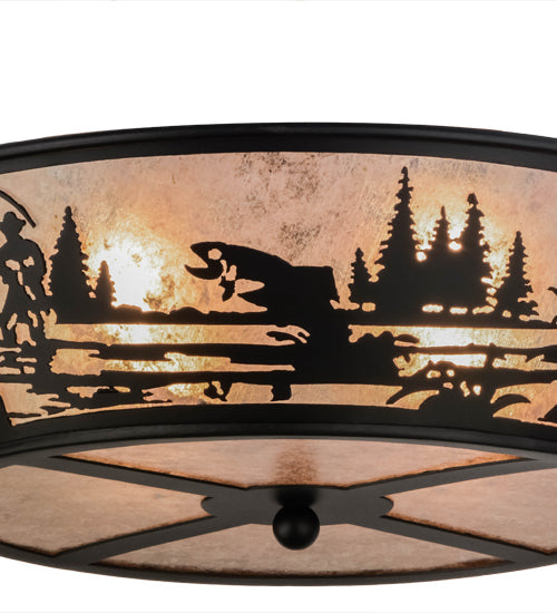 Meyda Lighting Fly Fishing Creek 22" 4-Light Textured Black Flush Mount Light With Silver Mica Shade Glass