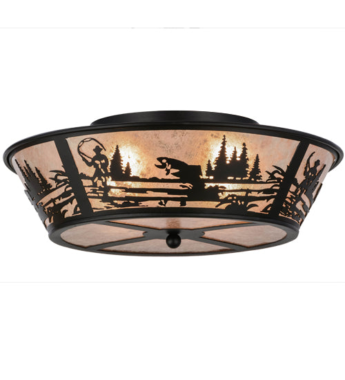 Meyda Lighting Fly Fishing Creek 22" 4-Light Textured Black Flush Mount Light With Silver Mica Shade Glass