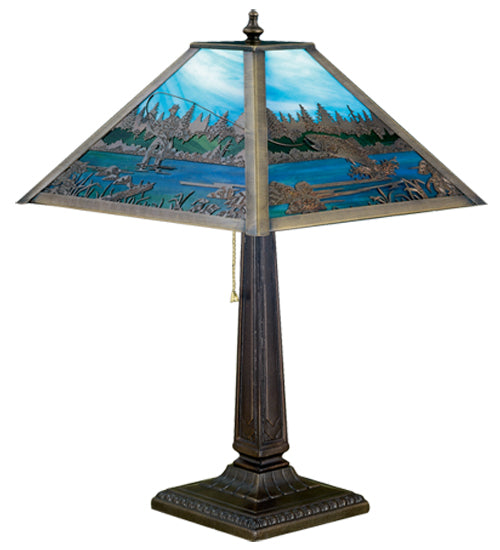Meyda Lighting Fly Fishing Creek 22" Craftsman Brown Table Lamp With Green & Blue Shade Glass
