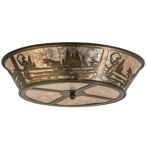 Meyda Lighting Fly Fishing Creek 23" 4-Light Antique Copper Flush Mount Light With Silver Mica Shade Glass