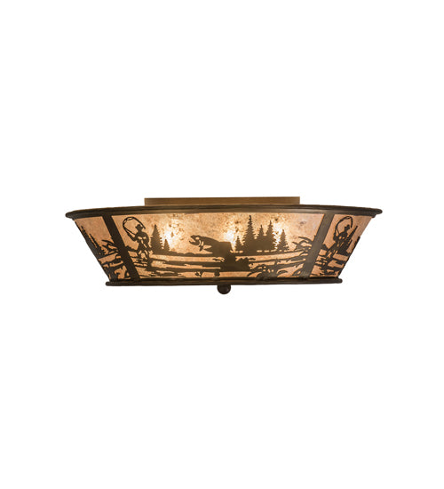 Meyda Lighting Fly Fishing Creek 23" 4-Light Antique Copper Flush Mount Light With Silver Mica Shade Glass