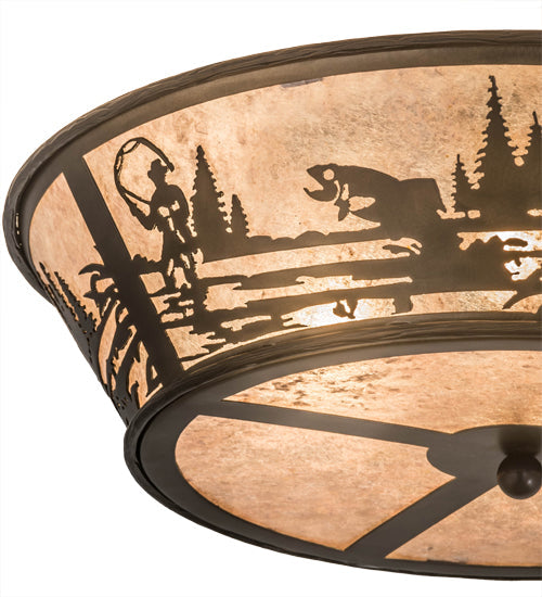 Meyda Lighting Fly Fishing Creek 23" 4-Light Antique Copper Flush Mount Light With Silver Mica Shade Glass