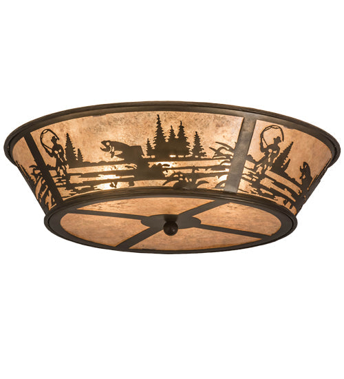 Meyda Lighting Fly Fishing Creek 23" 4-Light Antique Copper Flush Mount Light With Silver Mica Shade Glass
