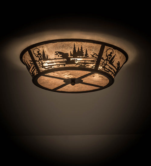 Meyda Lighting Fly Fishing Creek 23" 4-Light Burnished Antique Copper Flush Mount Light With Silver Mica Shade Glass