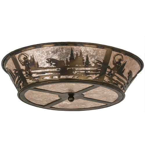Meyda Lighting Fly Fishing Creek 23" 4-Light Burnished Antique Copper Flush Mount Light With Silver Mica Shade Glass
