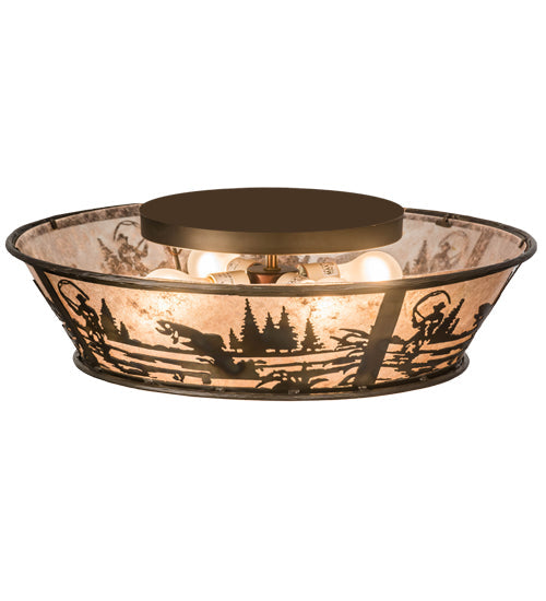 Meyda Lighting Fly Fishing Creek 23" 4-Light Burnished Antique Copper Flush Mount Light With Silver Mica Shade Glass