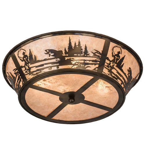 Meyda Lighting Fly Fishing Creek 23" 4-Light Burnished Antique Copper Flush Mount Light With Silver Mica Shade Glass
