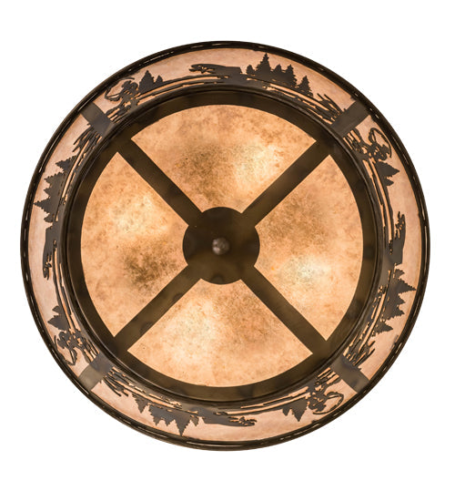 Meyda Lighting Fly Fishing Creek 23" 4-Light Burnished Antique Copper Flush Mount Light With Silver Mica Shade Glass