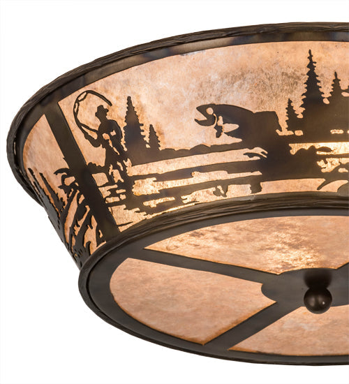 Meyda Lighting Fly Fishing Creek 23" 4-Light Burnished Antique Copper Flush Mount Light With Silver Mica Shade Glass