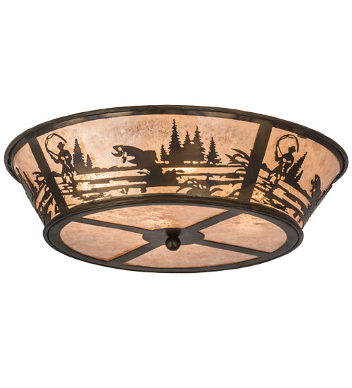 Meyda Lighting Fly Fishing Creek 23" 4-Light Burnished Antique Copper Flush Mount Light With Silver Mica Shade Glass