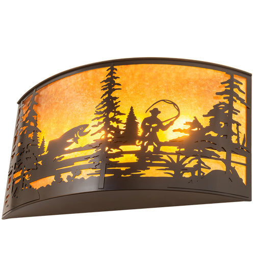 Meyda Lighting Fly Fishing Creek 32" 4-Light Timeless Bronze Wall Sconce With Amber Mica Shade Glass