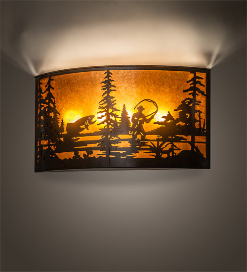 Meyda Lighting Fly Fishing Creek 32" 4-Light Timeless Bronze Wall Sconce With Amber Mica Shade Glass