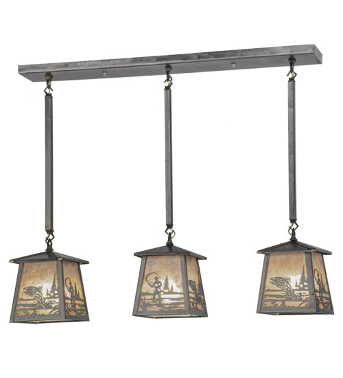 Meyda Lighting Fly Fishing Creek 37" 3-Light Industrial Steel Bass Island Pendant Light With Silver Mica Shade Glass