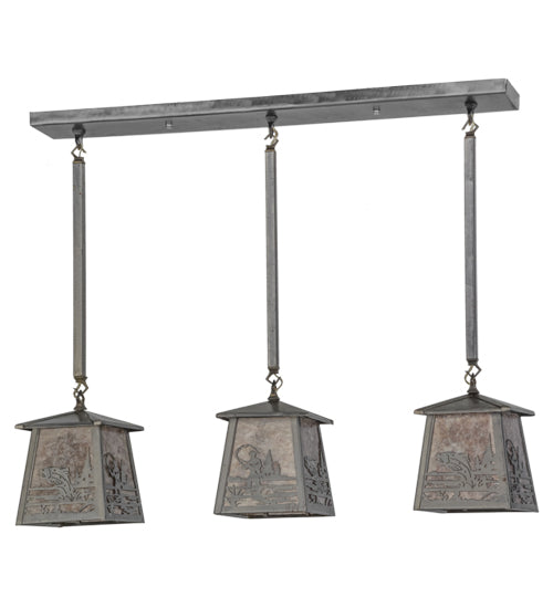 Meyda Lighting Fly Fishing Creek 37" 3-Light Industrial Steel Bass Island Pendant Light With Silver Mica Shade Glass