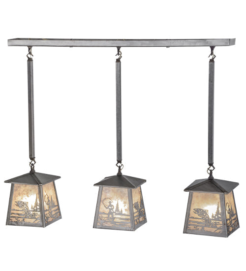 Meyda Lighting Fly Fishing Creek 37" 3-Light Industrial Steel Bass Island Pendant Light With Silver Mica Shade Glass