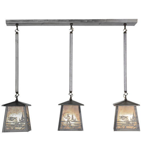Meyda Lighting Fly Fishing Creek 37" 3-Light Industrial Steel Bass Island Pendant Light With Silver Mica Shade Glass
