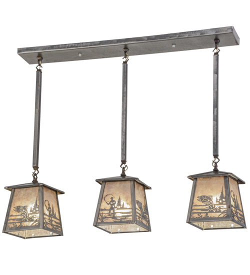 Meyda Lighting Fly Fishing Creek 37" 3-Light Industrial Steel Bass Island Pendant Light With Silver Mica Shade Glass