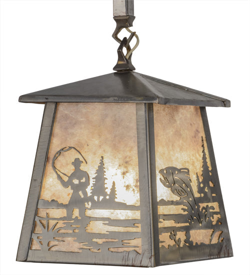 Meyda Lighting Fly Fishing Creek 37" 3-Light Industrial Steel Bass Island Pendant Light With Silver Mica Shade Glass