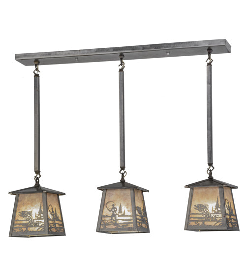 Meyda Lighting Fly Fishing Creek 37" 3-Light Industrial Steel Bass Island Pendant Light With Silver Mica Shade Glass