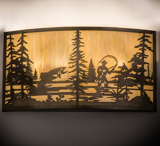 Meyda Lighting Fly Fishing Creek 42" 4-Light Antique Copper Wall Sconce With Beige Iridescent Shade Glass