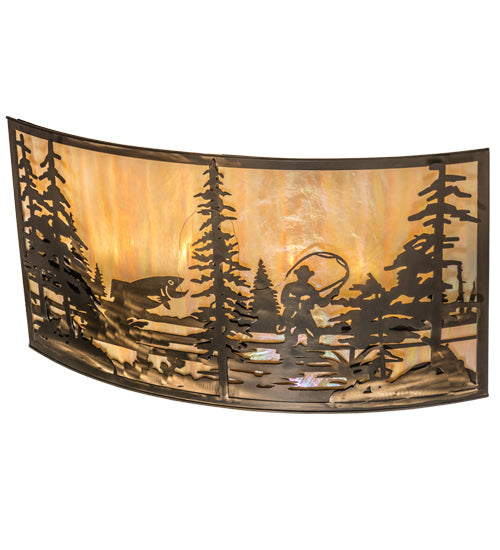 Meyda Lighting Fly Fishing Creek 42" 4-Light Antique Copper Wall Sconce With Beige Iridescent Shade Glass