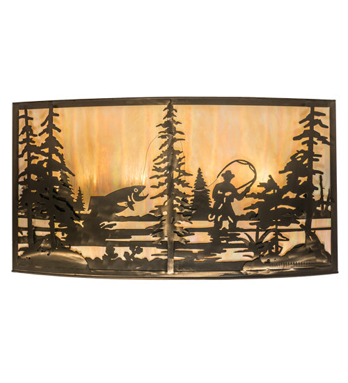 Meyda Lighting Fly Fishing Creek 42" 4-Light Antique Copper Wall Sconce With Beige Iridescent Shade Glass