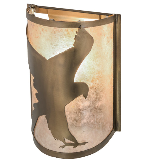 Meyda Lighting Flying Hawk 8" Antique Copper Right Wall Sconce With Silver Mica Shade Glass