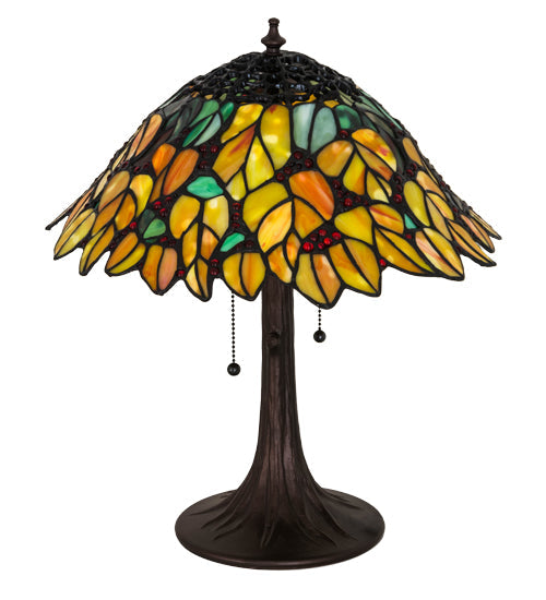 Meyda Lighting Follaje 18" 2-Light Mahogany Bronze Table Lamp With Multi-Colored Shade Glass
