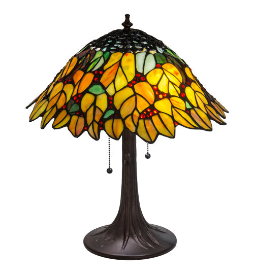 Meyda Lighting Follaje 18" 2-Light Mahogany Bronze Table Lamp With Multi-Colored Shade Glass