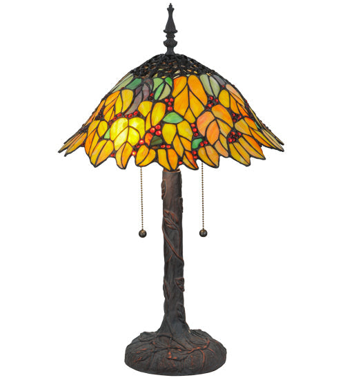 Meyda Lighting Follaje 25" 2-Light Mahogany Bronze Table Lamp With Multi-Colored Shade Glass