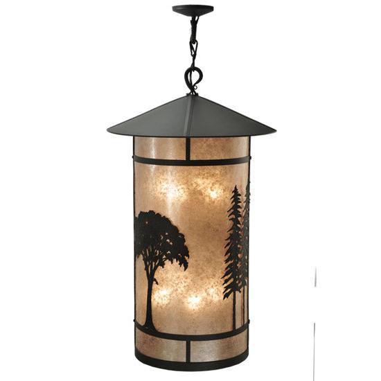 Meyda Lighting Forest 34" 8-Light Wrought Iron Lantern Pendant Light With Silver Mica Shade Glass