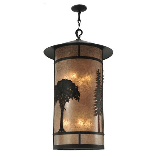 Meyda Lighting Forest 34" 8-Light Wrought Iron Lantern Pendant Light With Silver Mica Shade Glass